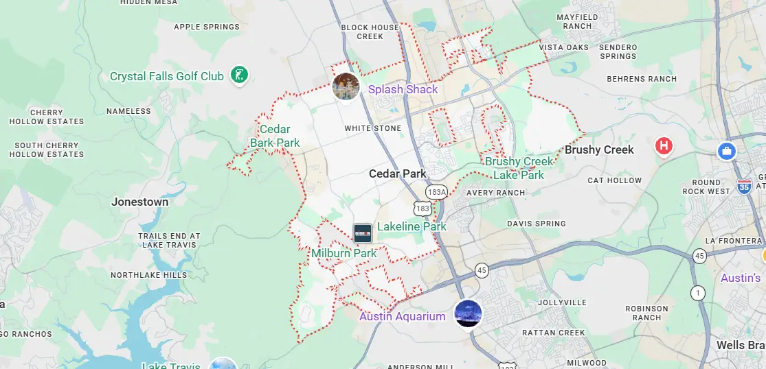 Map of our dumpster rental Cedar Park, TX service area