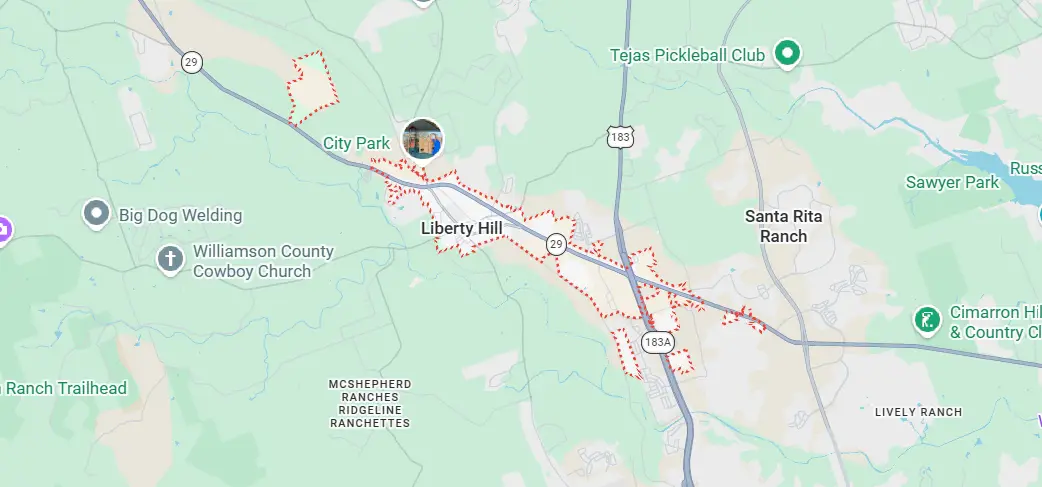 Map of our dumpster rental Liberty Hill, TX service area